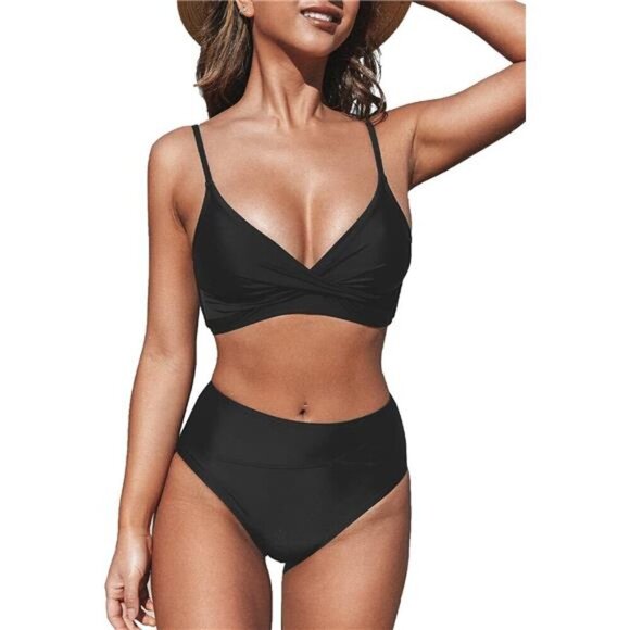 Women's High Waisted Bikini Set V Neck Twist Front Adjustable Straps